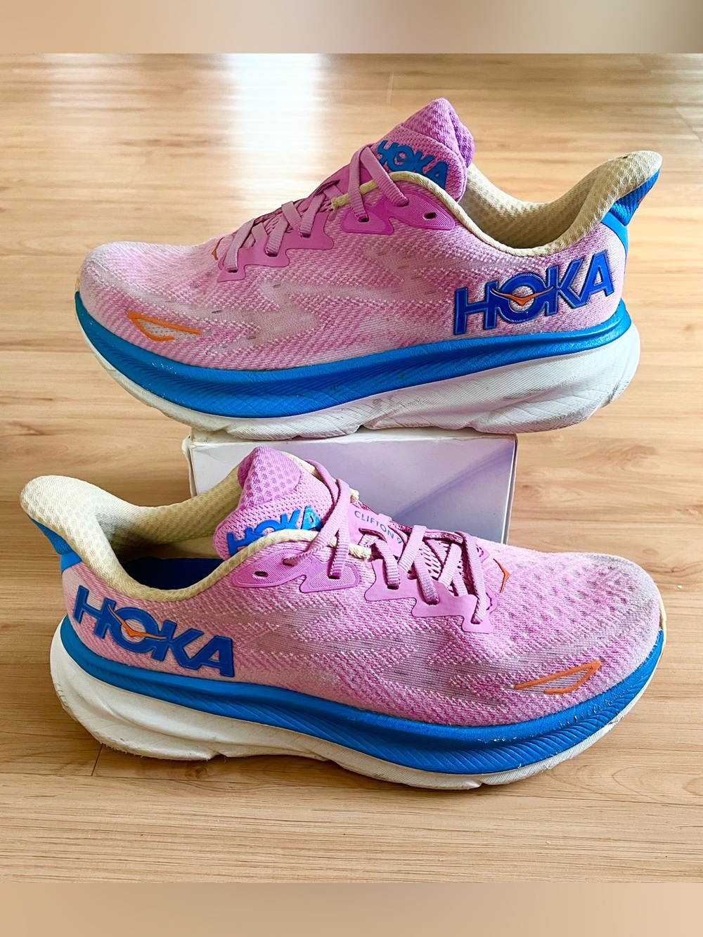 Hoka Clifton 9 Women Pink and Blue Athletic Running Shoes Size 8